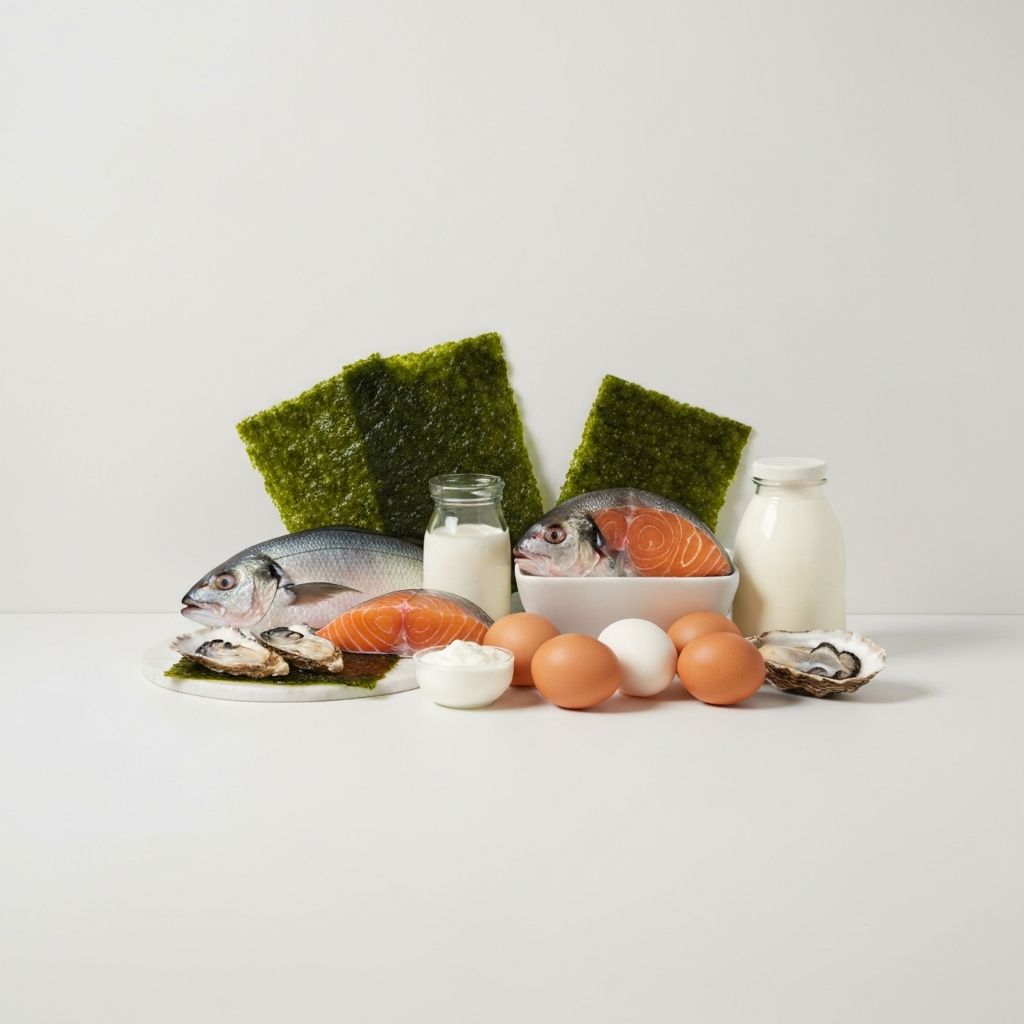 Array of iodine-rich foods including seaweed and fish