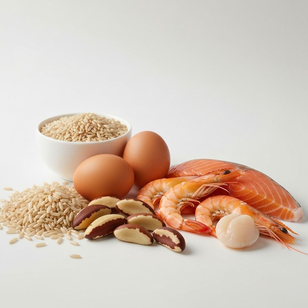 Selenium-rich foods including Brazil nuts and seafood